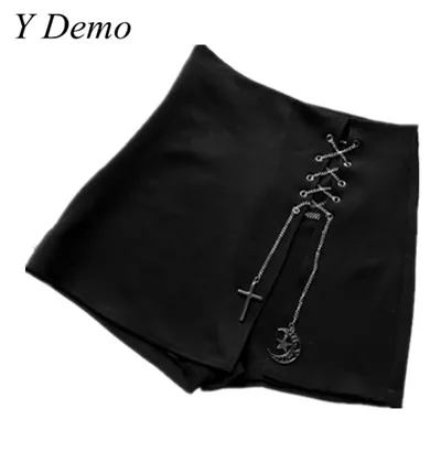 

Y Demo Punk Cross Moon Pendant Chain Skirt Women Sexy Lace-up Black Skirts
