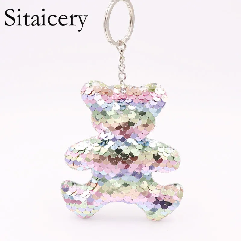 

Sitaicery Pom Pom Sequins Trinket Bear Keychain Pokemon Keychain Key Rings Animals Pendant For Car Keys Women Girl Best Gifts