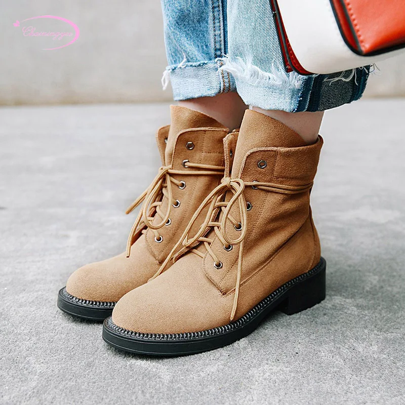 

British college style natural leather cow suede ankle boots lace-up black brown medium with chunky riding boots women's shoes