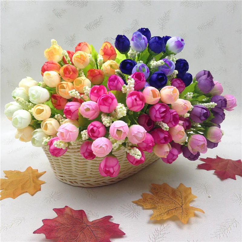

10/15 Heads/Bouquet Small Bud Roses Bract Artificial Silk Flowers Wedding Bride Bouquet Home Flower Decor flowers rose gift