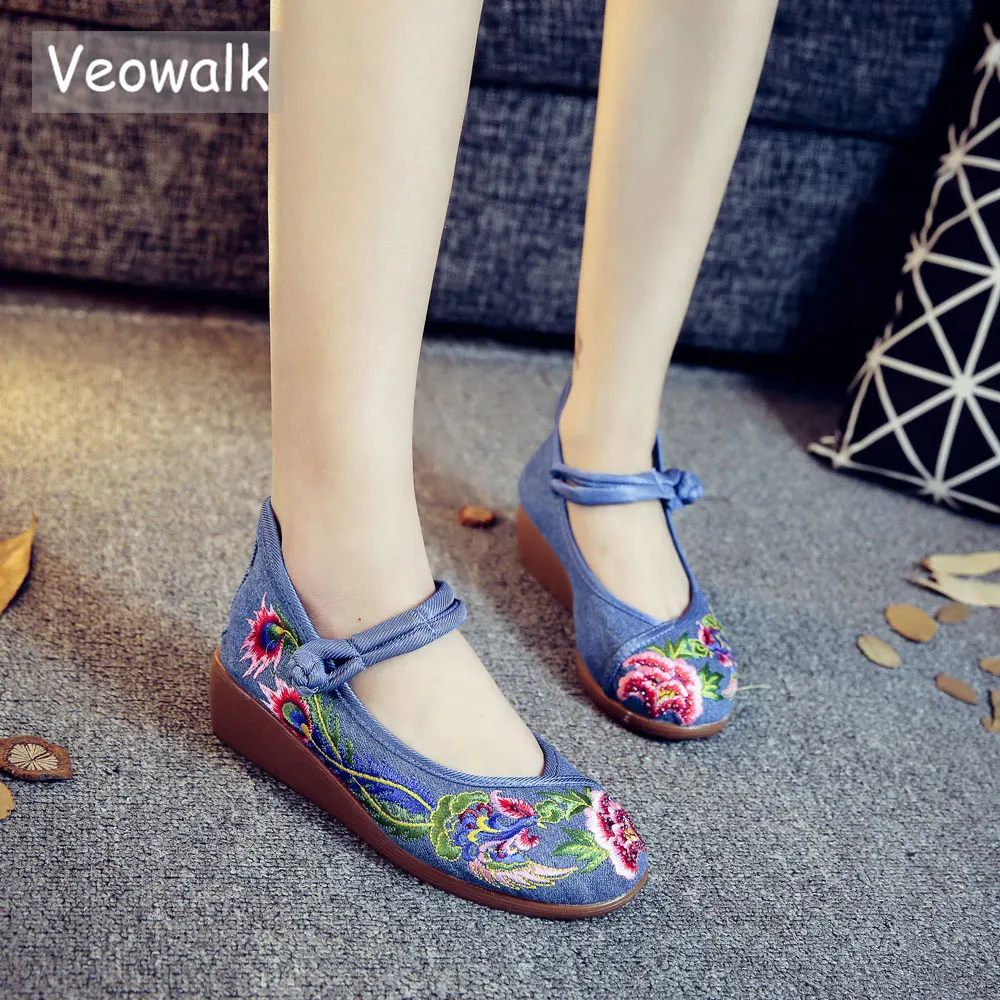 

Veowalk Phoenix Embroidered Women Canvas Wedge Platform Shoes Mid Top Ladies Casual Mary Janes Low Heels Pumps Zapatos Mujer