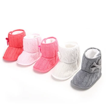 

Cheap Branded Winter Baby Shoes Infant Fleece Boots Bow Toddler Girl Boy Crochet Knit Wool Snow Crib Sneakers Warm Plush Booties