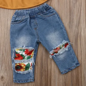 2PCS Toddler Kids New born Baby Girl Clothes Off Shoulder Lace Shirt Tops+Sunflowers Hole Denim Pants Outfits 1-5Y Fast Shipping 5
