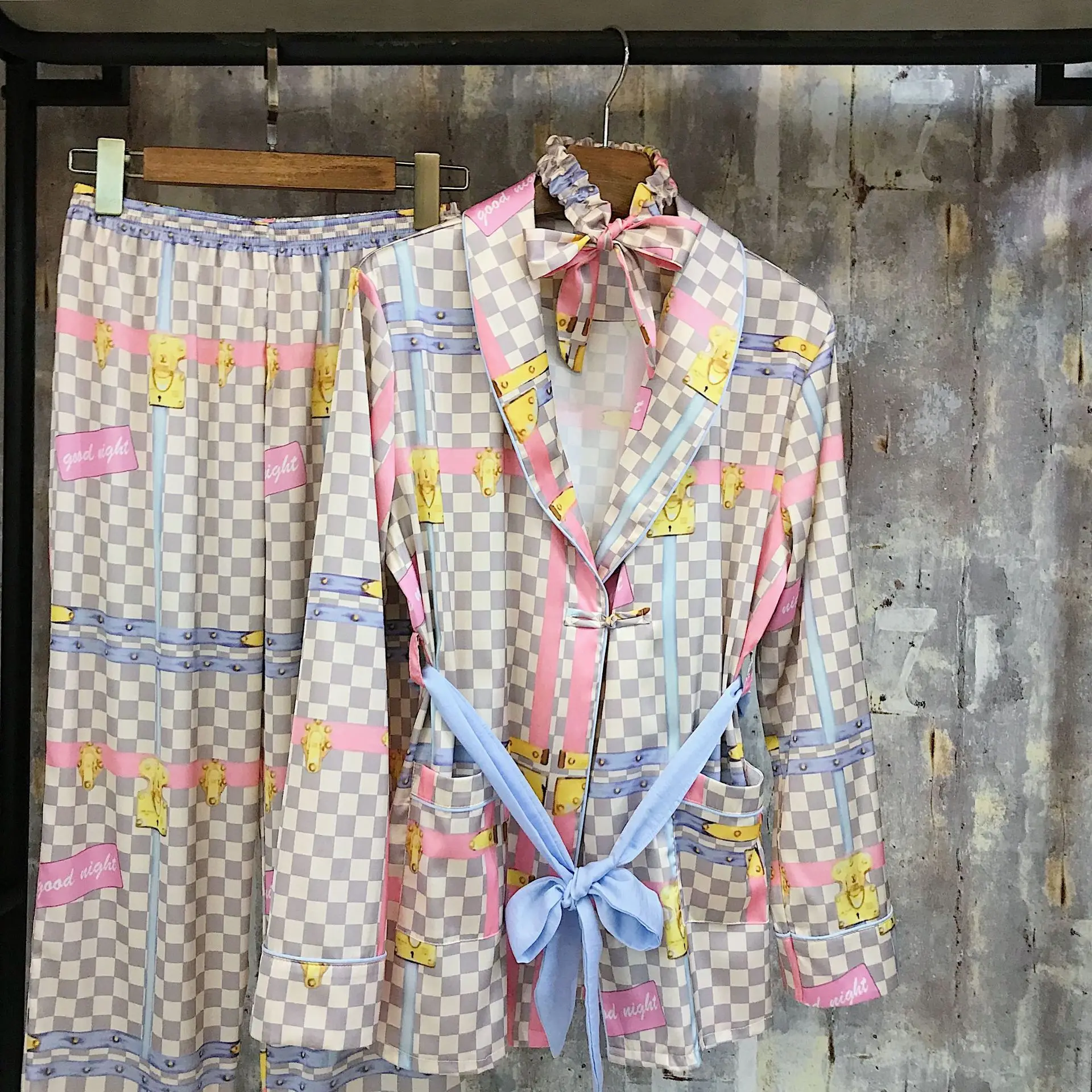Женские сексуальные кружевные атласные шелковые пижамы с цветочным принтом, комплекты, топы с длинными рукавами+ штаны, одежда для сна, женская пижама