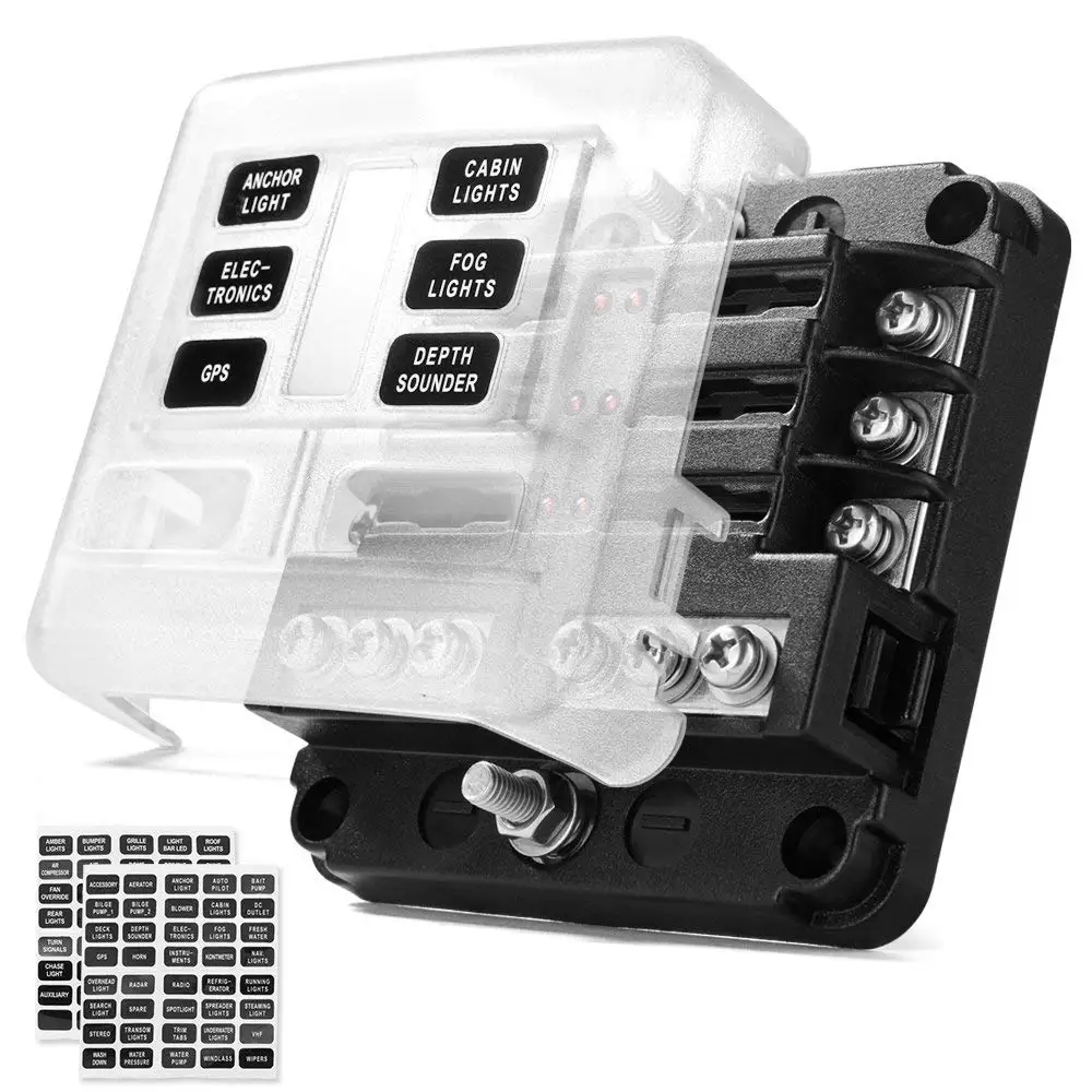 6 way/12 Way Blade Fuse Block with ATC/ATO Fuse Box Holder LED Warning Indicator Damp-Proof Cover for Car Boat Marine RV Truck