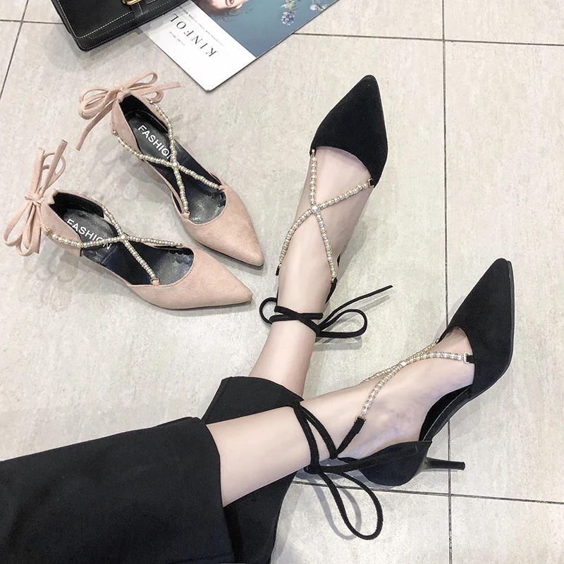 2019 summer new pearl pointed cross strap stiletto ladies sandals high heels