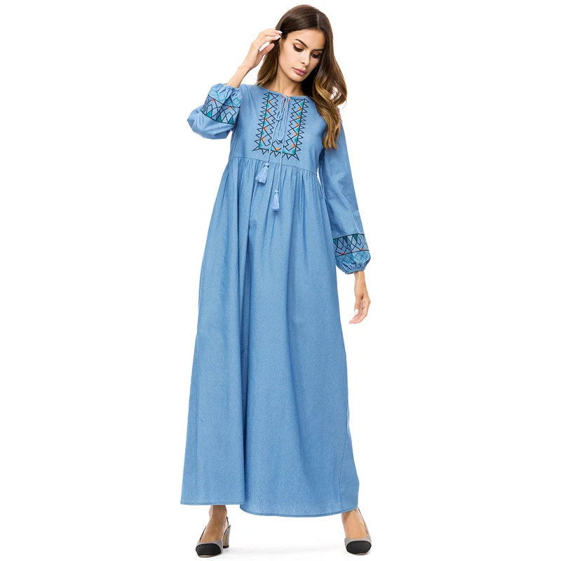MISSJOY/джинсовое платье abaya с вышивкой в Дубае женское длинными рукавами