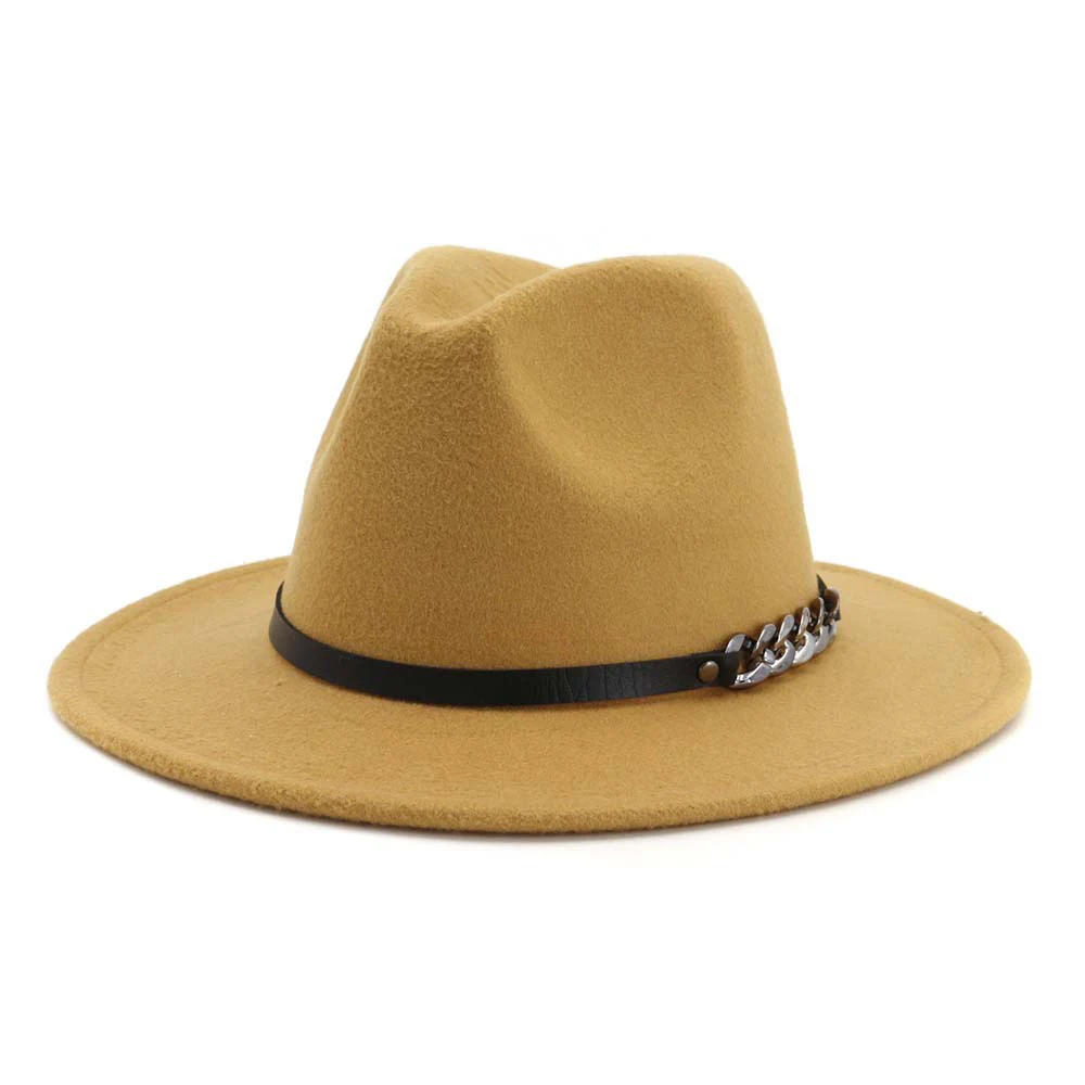 khaki Зимние войлочные Джаз Fedoras Для женщин Имитация шерстяной топ полями Европейский кепки с плоским козырьком котелок Шапки металлической цепочкой из искусственной кожи ремень - Цвет: khaki