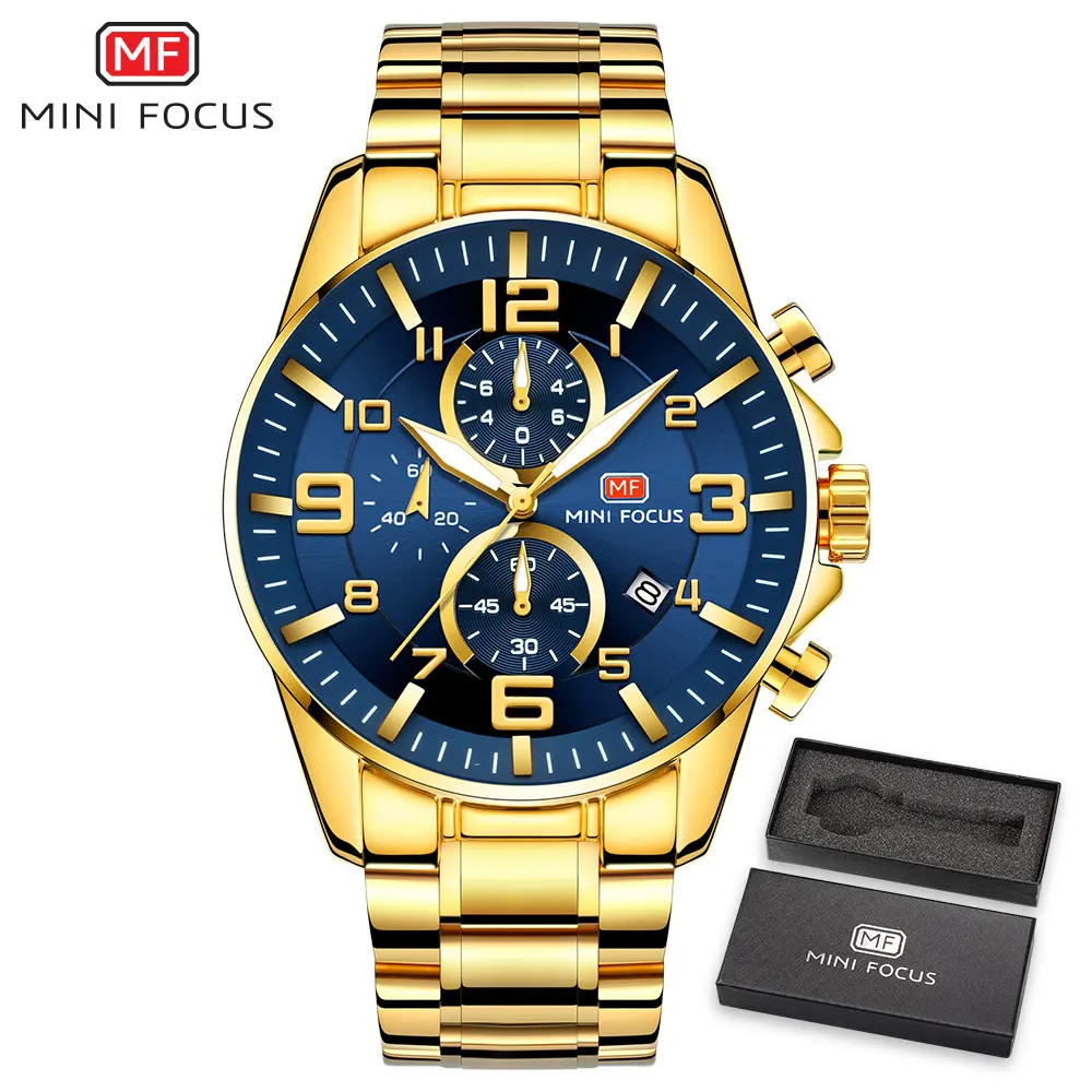 

MINI FOCUS Chronograph Men's Quartz Watches Stainless Steel Band Waterproof Calendar Male Clock Business Man Watch Montre Homme