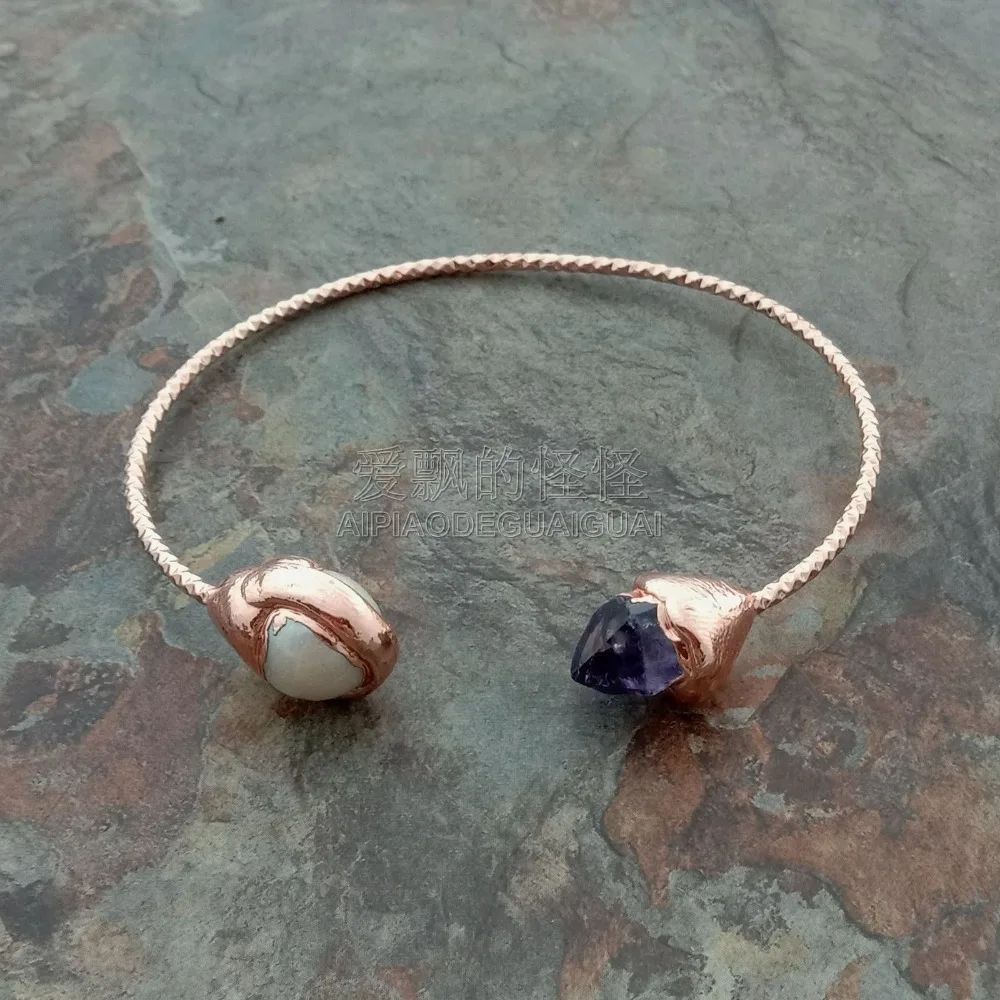 

B092608 White Keshi Pearl Yellow Rose Golden Plated Bangle Bracelet