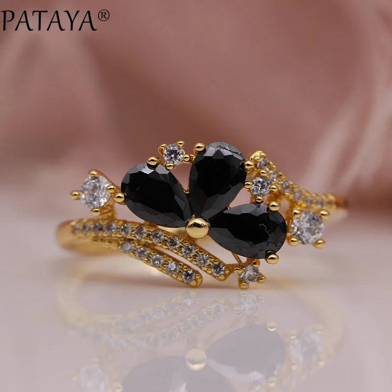 PATAYA, новинка, три капли воды, женские кольца, 585, розовое золото, круглый природный Цирконий, Свадебная вечеринка, модные ювелирные изделия, трендовые цветные кольца - Цвет основного камня: Black