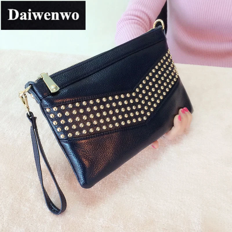 

J20 Summer Autumn Envelope Cow Genuine Leather Day Clutch Bag Women Rivet Handbag Female Purse Solid Shoulder Bags for Ladies