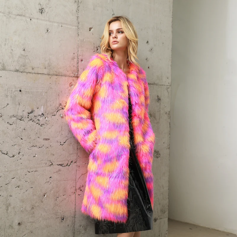 

Women Faux Fur Jacket Multicolor Sparkling Long Sleeve Fourrure Femme Fluffy Hairy Warm Fake Fur Coat Winter Slim Outerwear