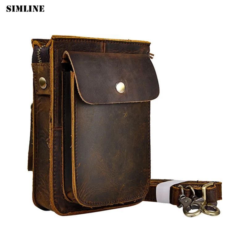 

SIMLINE Genuine Leather Waist Bag Pack Men Brand Vintage Casual Cowhide Mens Small Shoulder Crossbody Bags Packs Belt Pouch Male