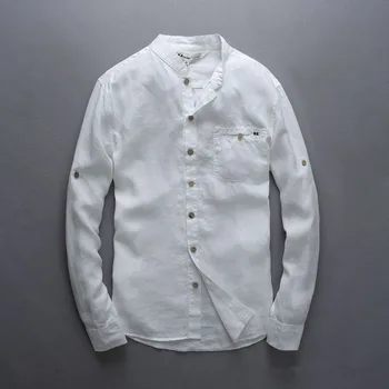 

2017 New white linen shirt men spring stand collar long sleeve men shirt comfortable and breathable flax shirts men brand camisa