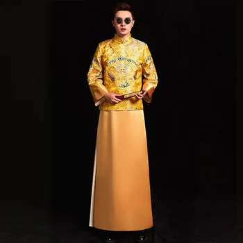 

chinese style Wedding mens toast costumes Gown red embroidery groom evening Long gown kimono bridegroom jacket tang suit Clothes