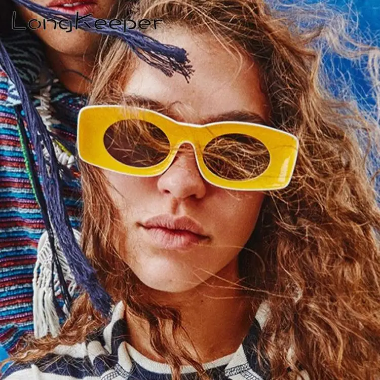 

LongKeeper Cool Women Sunglasses Brand Designer 2019 Unisex Hip Hop Sun Glasses Concave Frame Unusual Rectangle Men Sunglasses