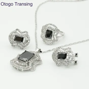 

Otogo Transing Silver Color Romantic Geometric Shaped Jewelry Sets Black crystal AAA Zircon For Necklace/Earring/Ring S187