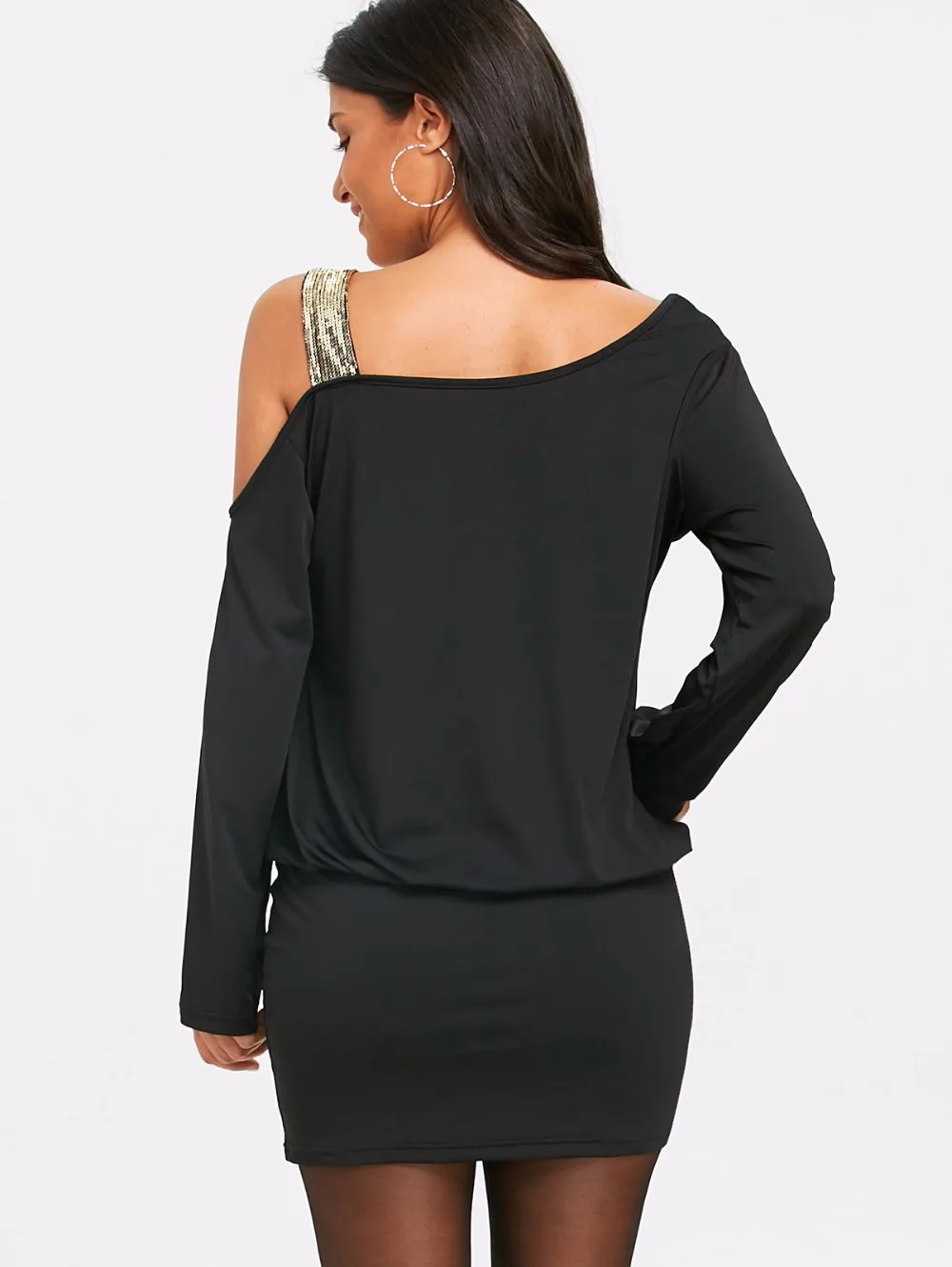 VESTLINDA Long Sleeve Sequins Cold Shoulder Blouson Dress Robe Female Casual Skew Collar Mini Bodycon Dresses Vestidos De Festa 10