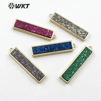 

WT-P1428 Natural Titanium Electroplated Colorful Quartz Pendant Rectangle Druzy Bar With Gold Trim Circle Bail Jewelry Crafts