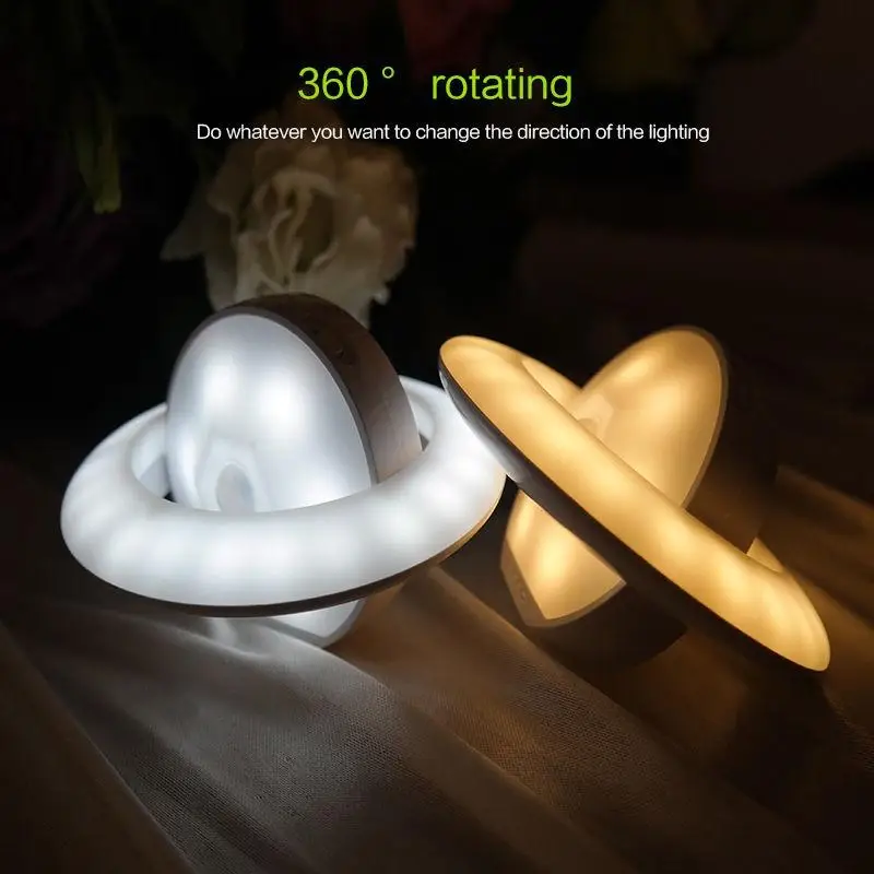 

free shipping Night Light Motion Sensor Indoor Lighting LED Wall Light UFO Shape 360 Degree Rotating Battery Night Lights