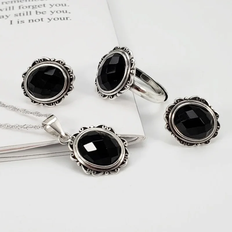 Настоящее чистое 925 пробы серебряные ювелирные изделия набор антикварные цветы для женщин с натуральным черным ониксом камень серьги ожерелье и кольцо
