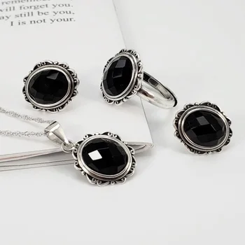 

Real Pure 925 Sterling Silver Jewelry Set Antique Flowers For Women With Natural Black Onyx Stone Earring Necklace and Ring