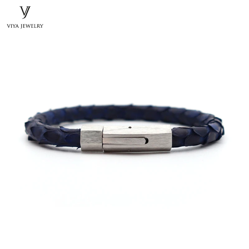 

New Genuine Python Snake Skin Leather Cord Bracelet For Men High Quality 316 L Stainless Steel Magnetic Closure Bracelets
