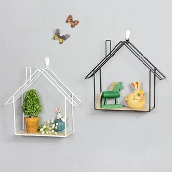 

1Pcs Quality INS Minimalist Japanese Hook Type Living Room Wall Storage Rack Iron Small House Shape Wall Hanger Decorative Shelf