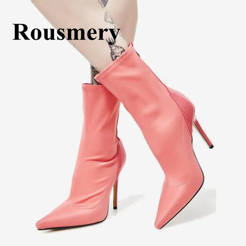 

Autumn Hottes Pink Fashion Shoes Sexy Pointed Toe High Heel Stretch Fabric Women Boots 10cm HeeL Hottest Ankle Boots Normal Size