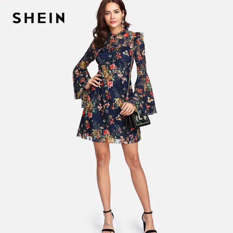 SHEIN Цветочное Кружевное Платье С Оригинальным Рукавом Женское Весеннее