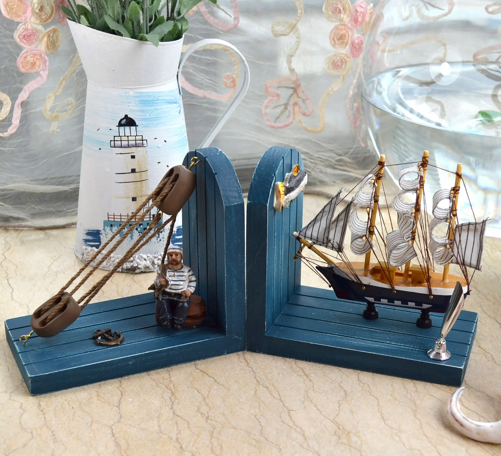 2PCS/PAIR Mediterranean wood crafts creative Double Bookshelf Bookends