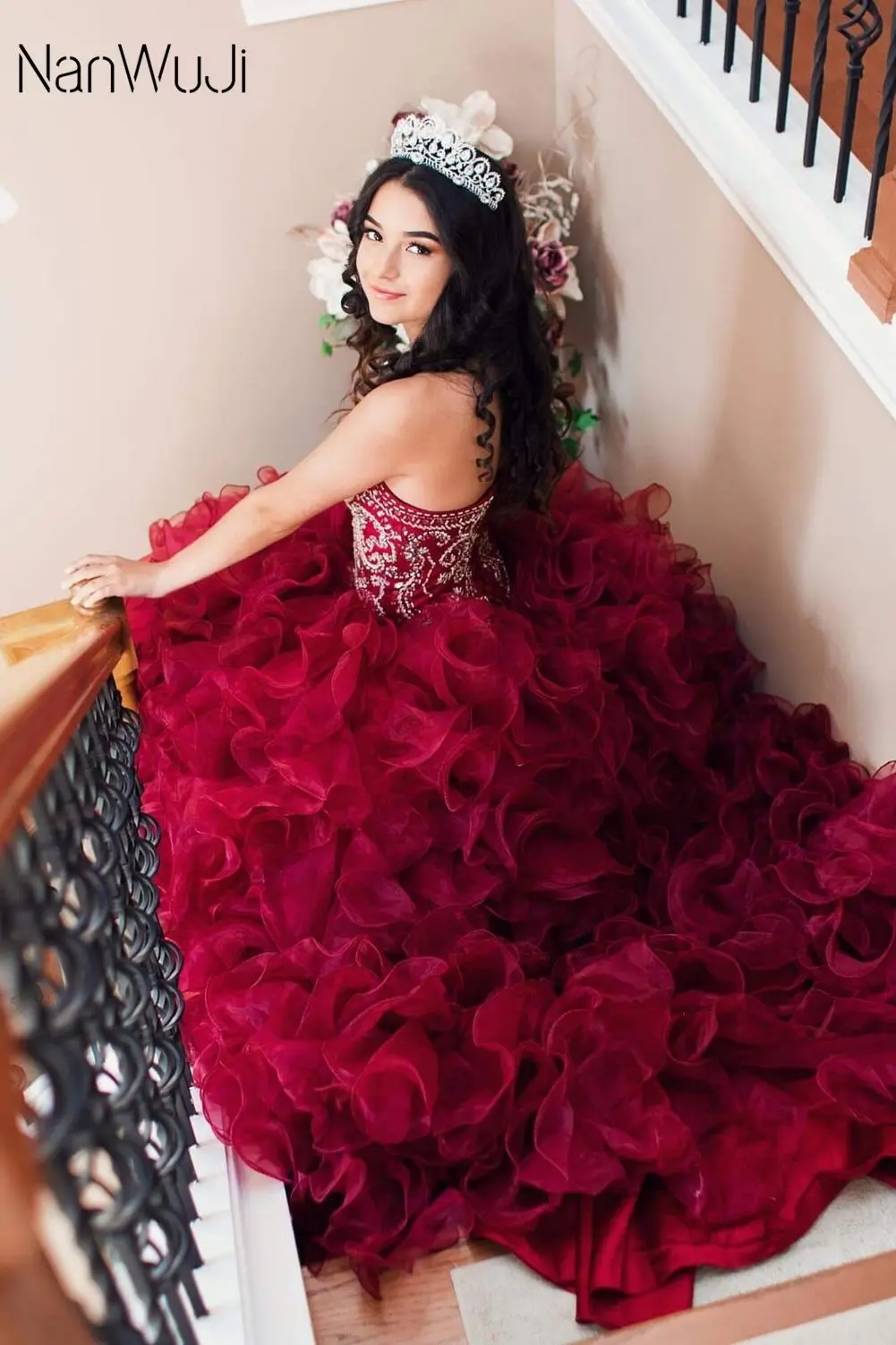 Новинка из дешевых кристаллов бусины бордовые платья Quinceanera 2019 платье для балла маскарада оборками Сладкий 16 платье Vestidos De 15 Anos