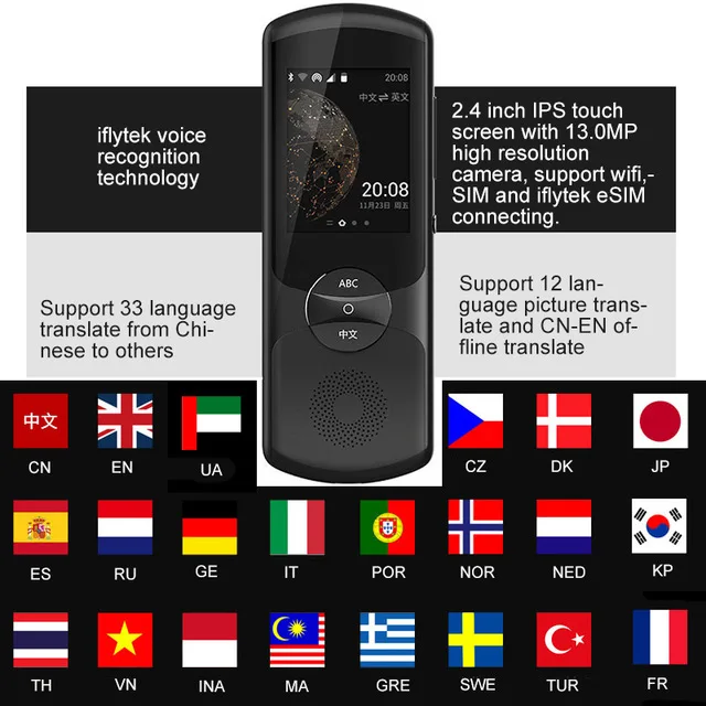 

New Languages Instant Translator Voice iFLYTEK 2.0 AI Instant Traductor With 13Mp Camera Support 32 Country Languages For Travel