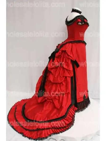 red-satin-short-sleeves-victorian-bustle-ball-gown
