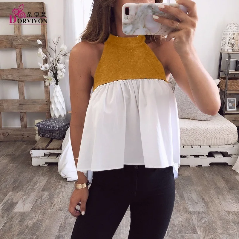

Round collar chiffon vest 2019 new sexy color splice hanging neck plus large size jacket casual women's wear