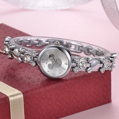 Disney Микки Женские кварцевые наручные часы с Микки-Маусом, со стразами, шикарный женский тонкий браслет, женские часы, Montre Femme, подарок - Цвет: silver- opp pack