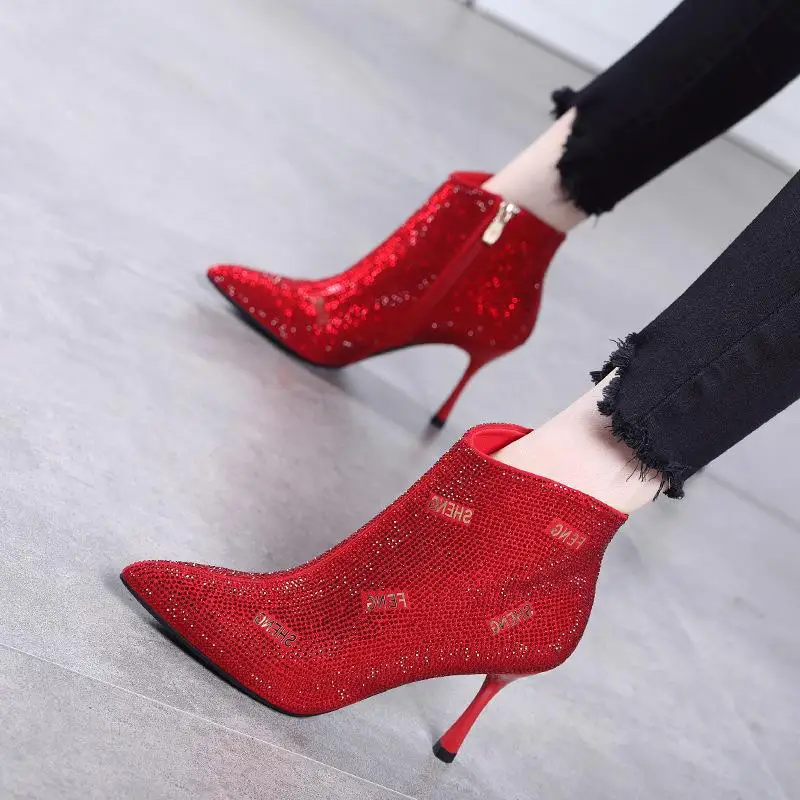 

Rhinestone banquet high heel boots children pointed Martin boots autumn and winter stiletto red 2019 new ladies ankle boots