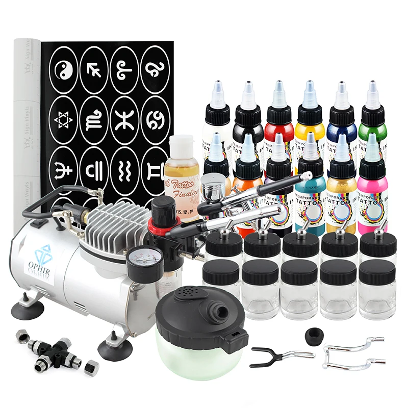 OPHIR Temporary Tattoo Airbrush Kit w/ PRO Air Compressor for Body Paint Airbrushing 12 Color Inks & 160 Stencils _OP-BP002