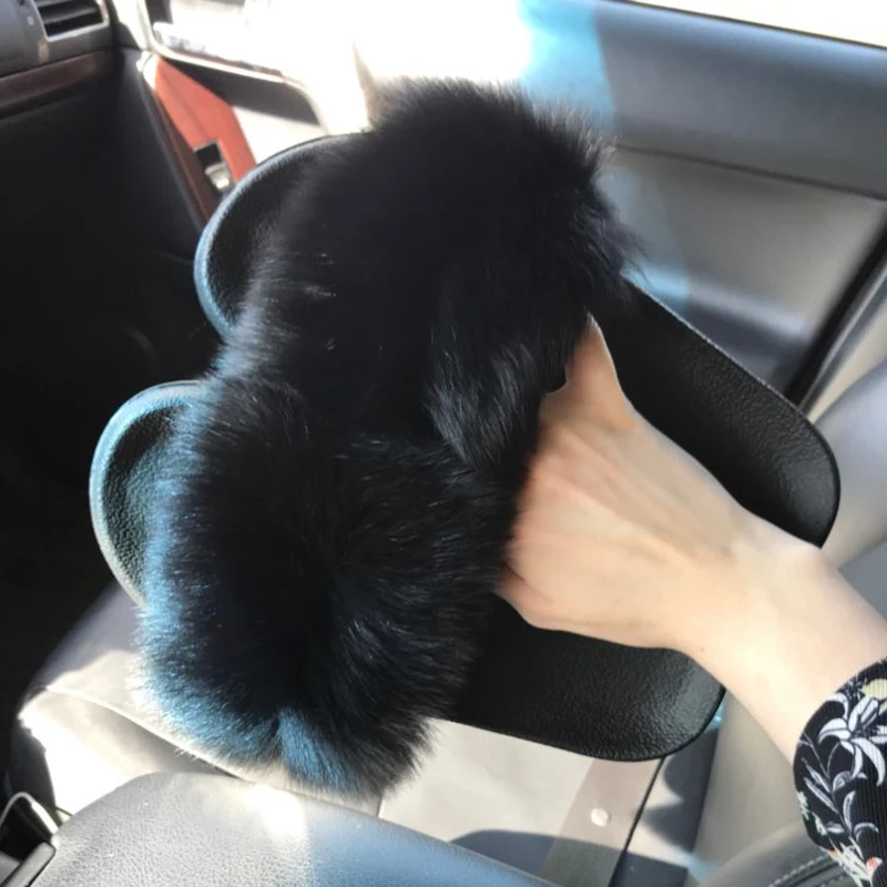 

RASS PLE 2019 Real Fox Hair Fluffy Slippers Fur Slipper Fox Fur Slides Fuzzy Slides Women Shoes pantofole Zapatos De Mujer