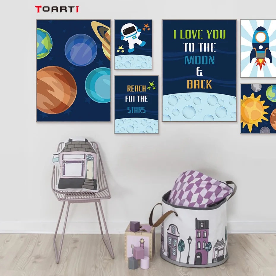 Cartoon Universe Theme Wall Art Painting Astronaut Reach For The Stars Vintage Posters&Prints Kids Bedroom Decor Nursery Picture (1)