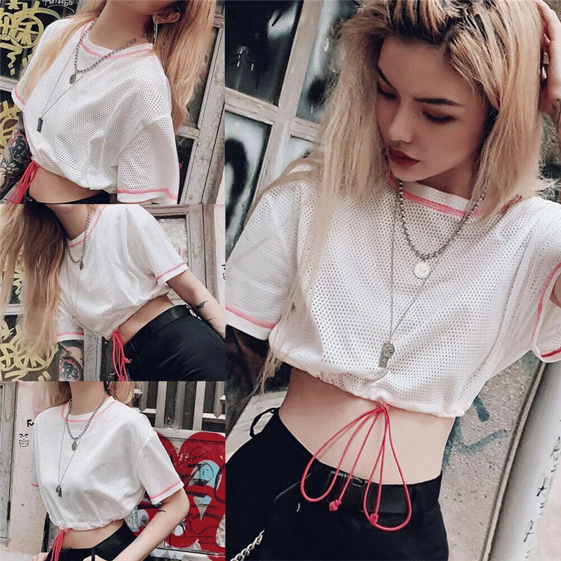 

Women Girls Mesh Sheer Crop Top Half Sleeve Transparent O-neck White T-Shirt Casual Loose Tops Tee