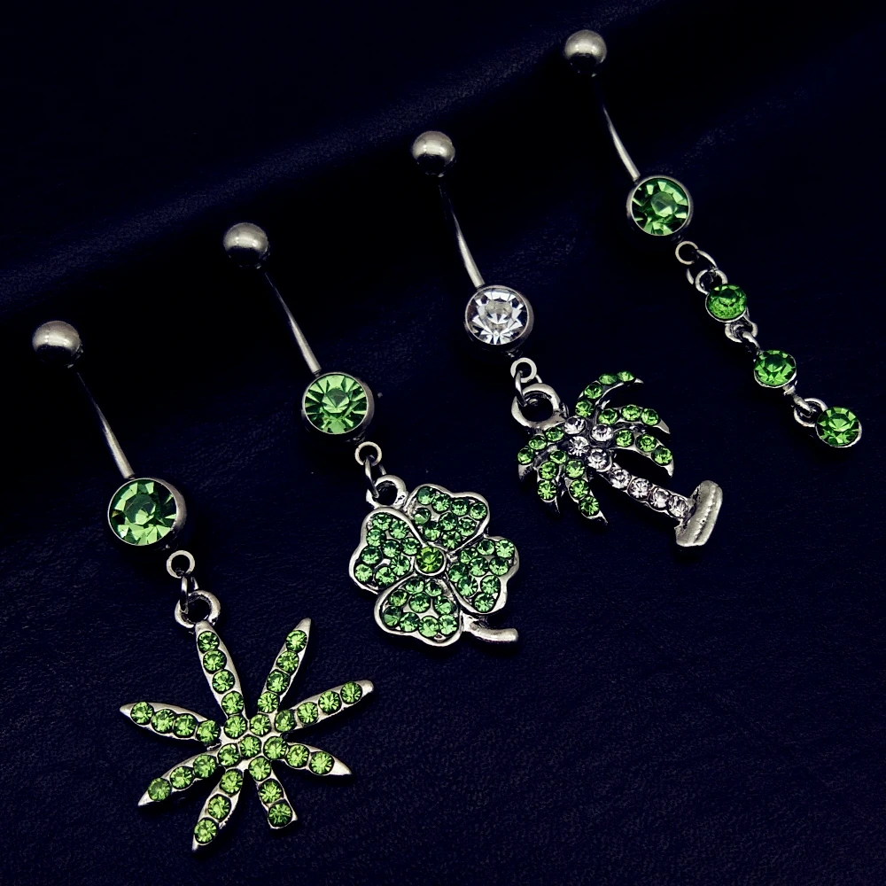 

5pcs mix style full gem green tree leaves clover drop string dangle navel belly bar button rings body piercing jewelry cheap