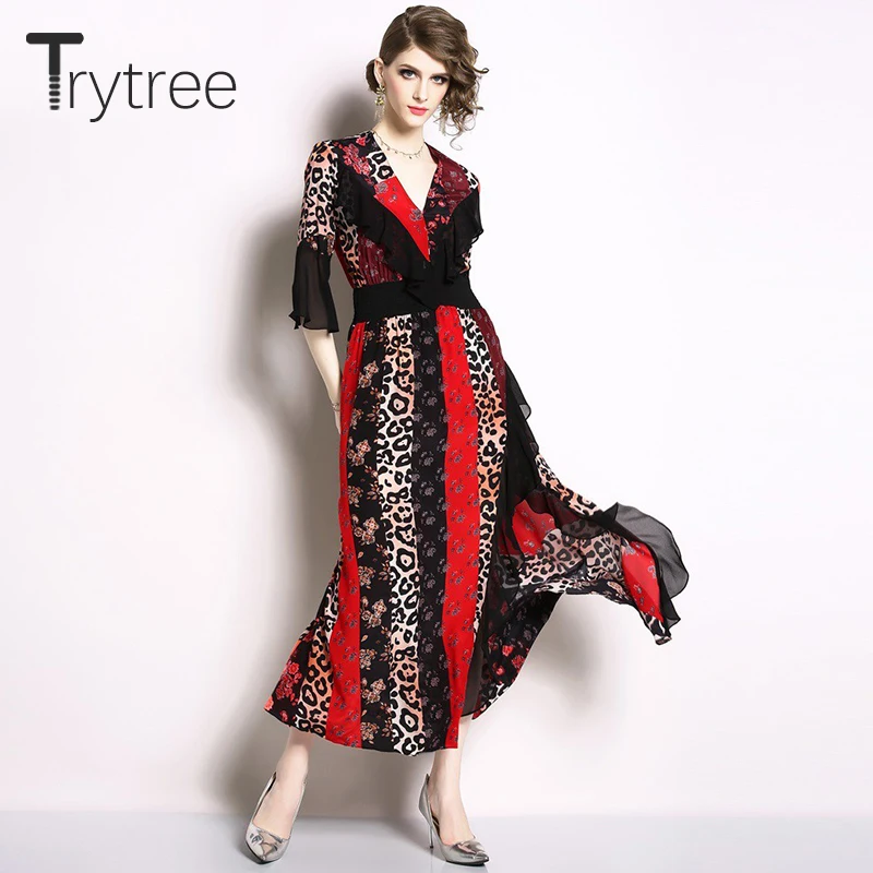 Trytree лето осень высокая улица леопардовое платье женские оборки шелковистые