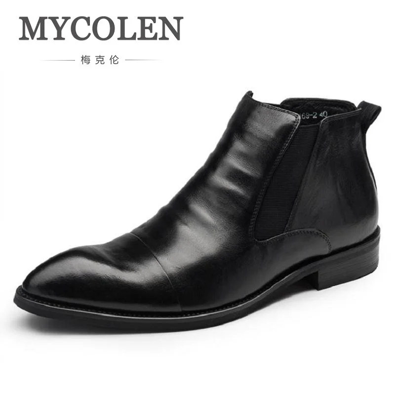 

MYCOLEN 2019 Fashion Pointed Toe Ankle Boots Winter Casual Genuine Leather Boots Man Business High Quality Black Flat ShoesMYCOL