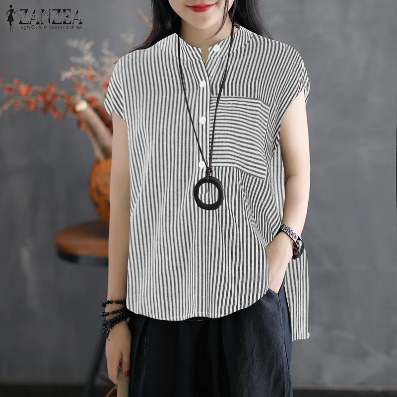 2019 ZANZEA Women Summer Blouse Work OL Blusas Solid Cotton Linen Shirt Casual Short Sleeve Tops Ca