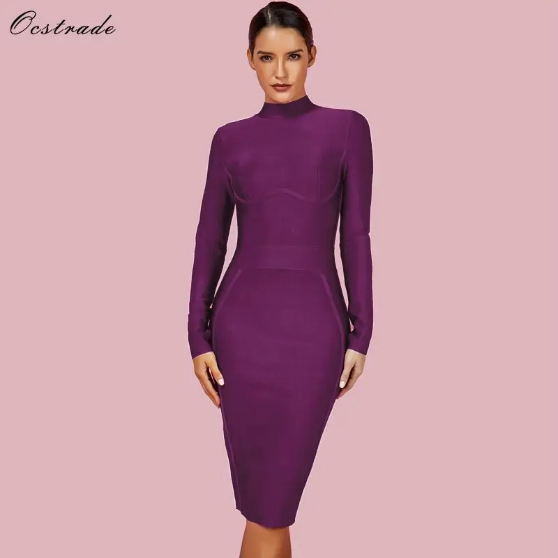 Ocstrade Womens Christmas Party 2018 Winter Vestido New Bandage Dresses High Neck Purple Rayon Sexy Bandage Dress Long Sleeve