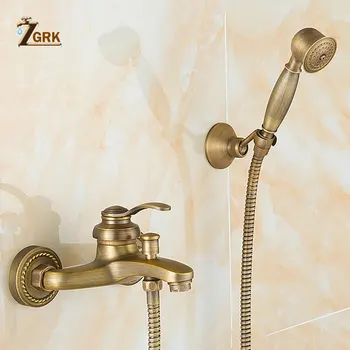 ZGRK Antique Brushed Brass Bath Faucets Shower Wall Mounted Bathroom Mixer Tap Crane With Hand Shower Head Bath Shower Faucet shower faucets bathroom cabin showerhead top spray raining faucet brass shower sets gold home decoration the mixer crane oyd008r