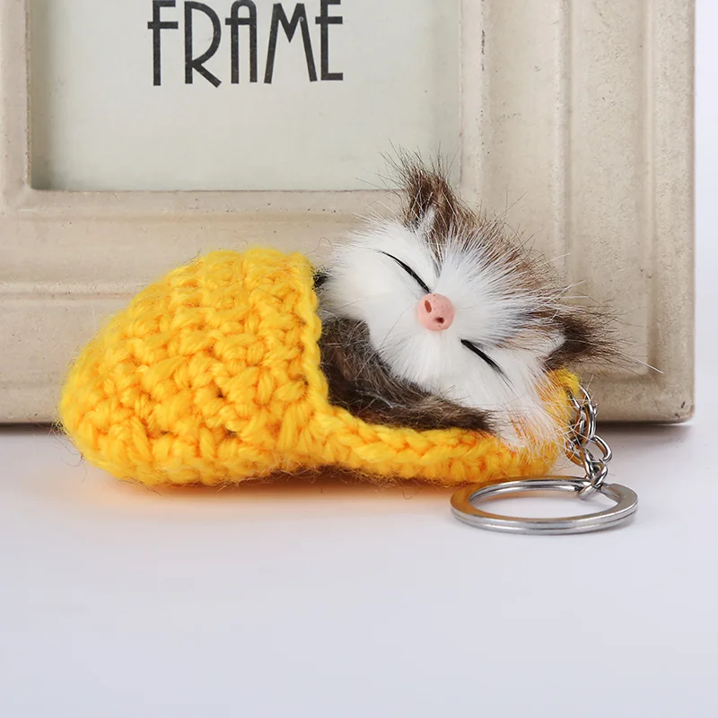 Милый спящий Кот помпон брелки для женщин девочек плетеная обувь ручной работы искусственный мех кролика котенок брелки пушистые Ключи Кольца