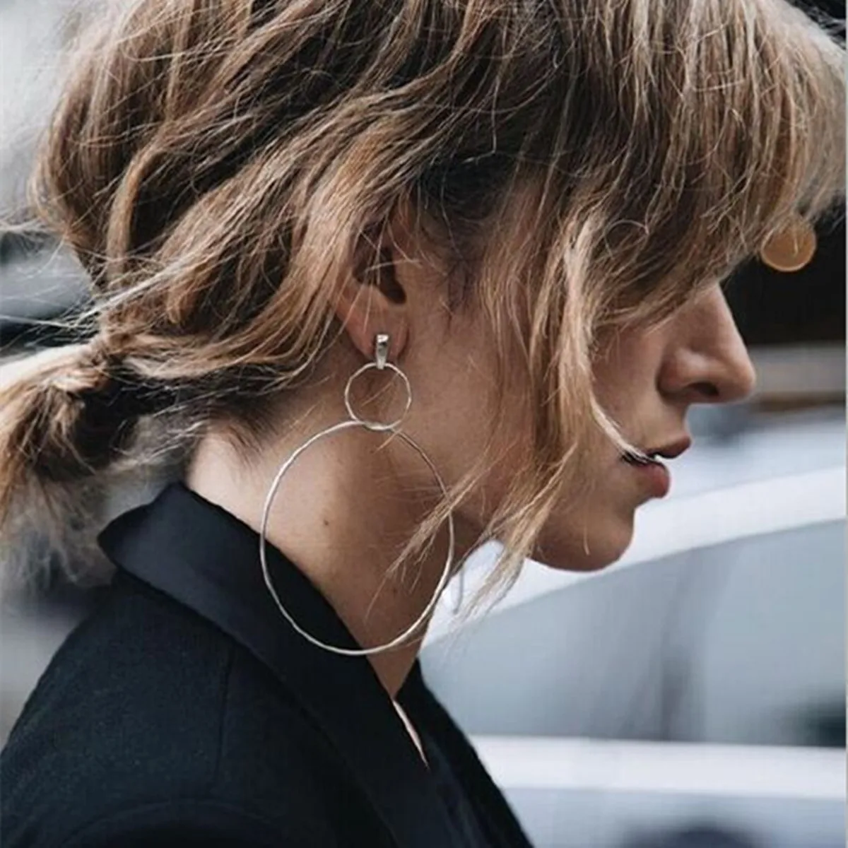 

Street Style Large Double Earrings Fashion 2017 Geometrical Jewelry Silver Color Double Circle Earrings for Women